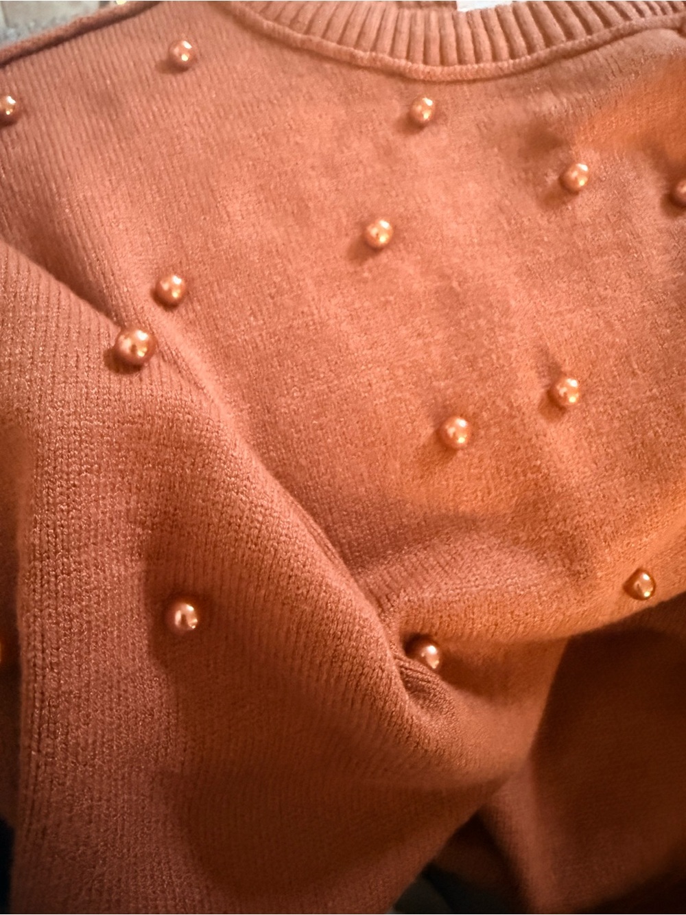 Women’s Crewneck Sweater with Pearl Embellishments - Rust